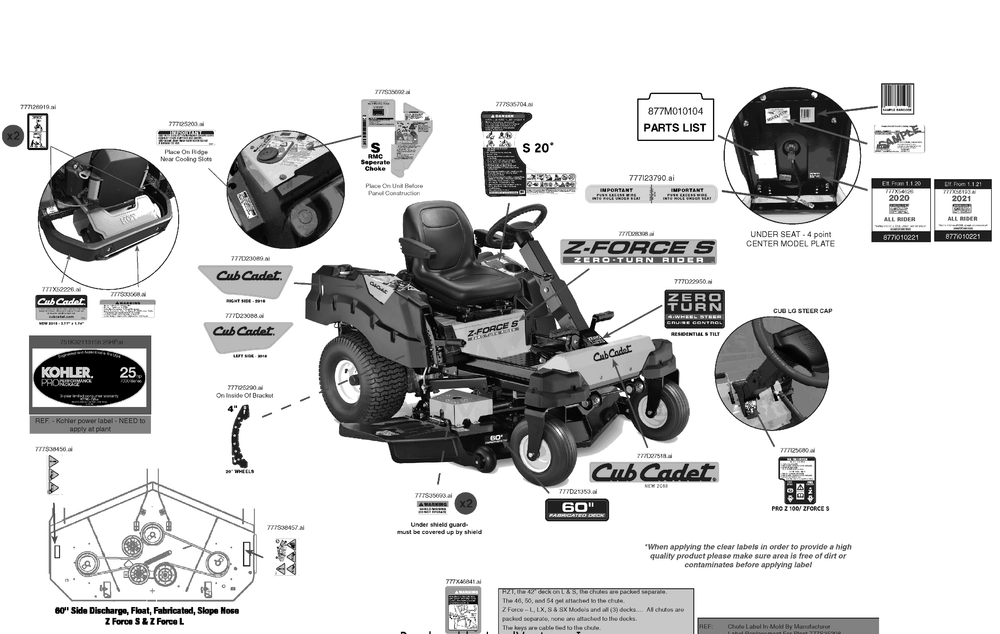 Label Map Diagram and Parts List for Z-FORCES60KH (47RSDGHD010)(2021) Cub Cadet Lawn Tractor